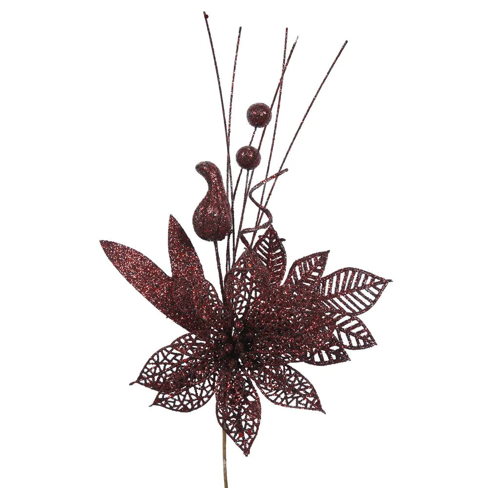 12PK - 14" Burgundy Glitter Poinsettia and Ball Decorative Christmas Pick