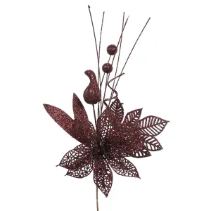 12PK - 14" Burgundy Glitter Poinsettia and Ball Decorative Christmas Pick