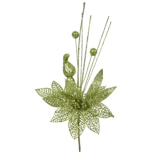 12PK - 14" Lime Glitter Poinsettia and Ball Decorative Christmas Pick