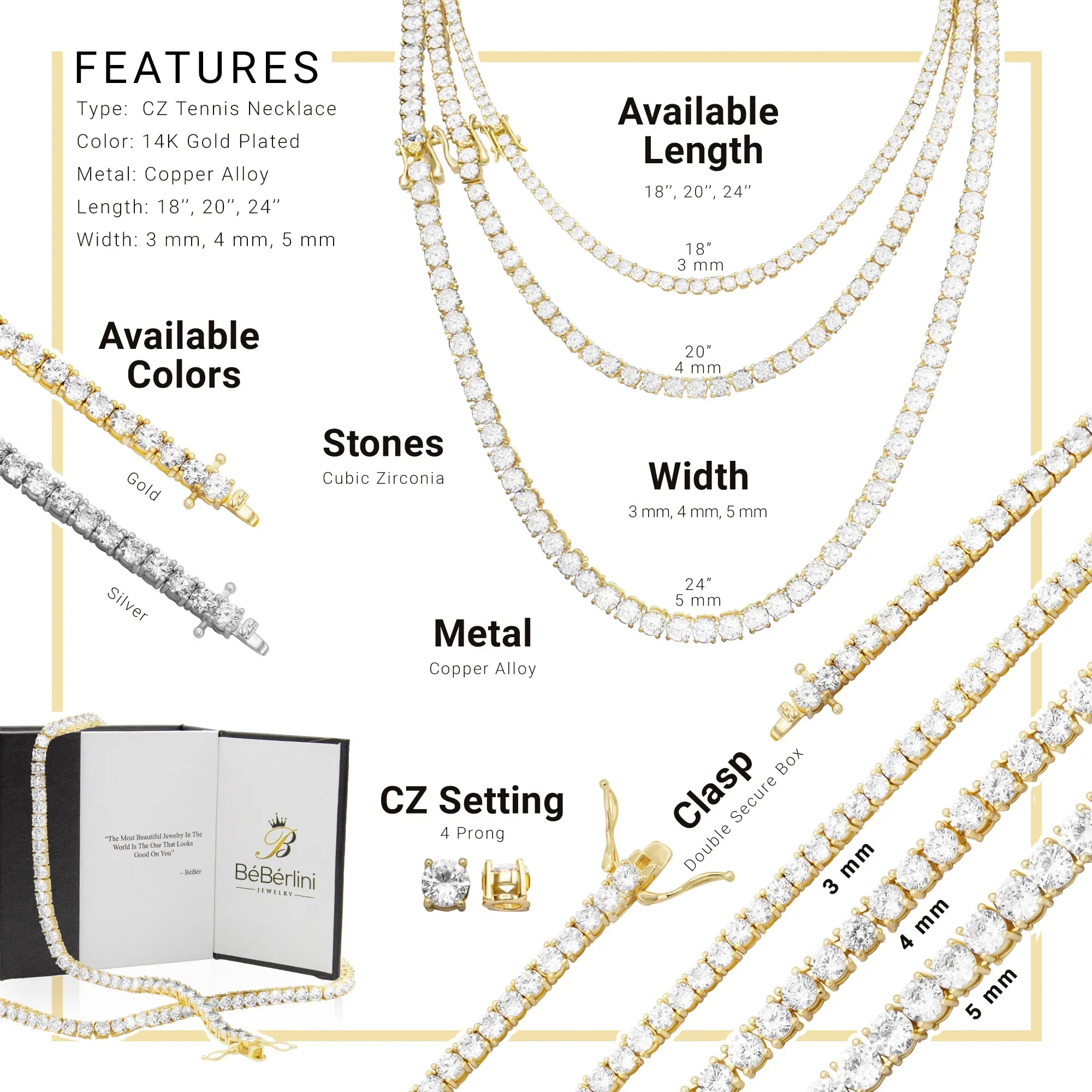 14K Gold-Plated Tennis Chain Cubic Zirconia Necklace For Women 18" 20" 24"