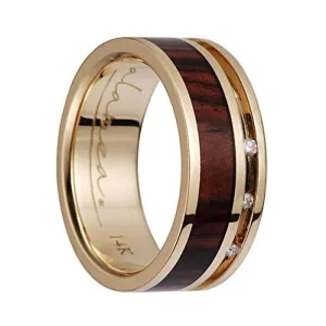 14K Yellow Gold Flat Wedding Band With Cocobolo Wood Inlay & 3 Diamond Setting - 8mm