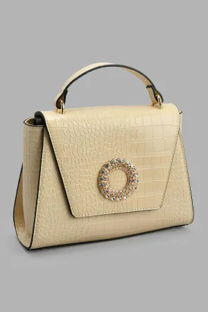 Beige Croc Textured Day Bag