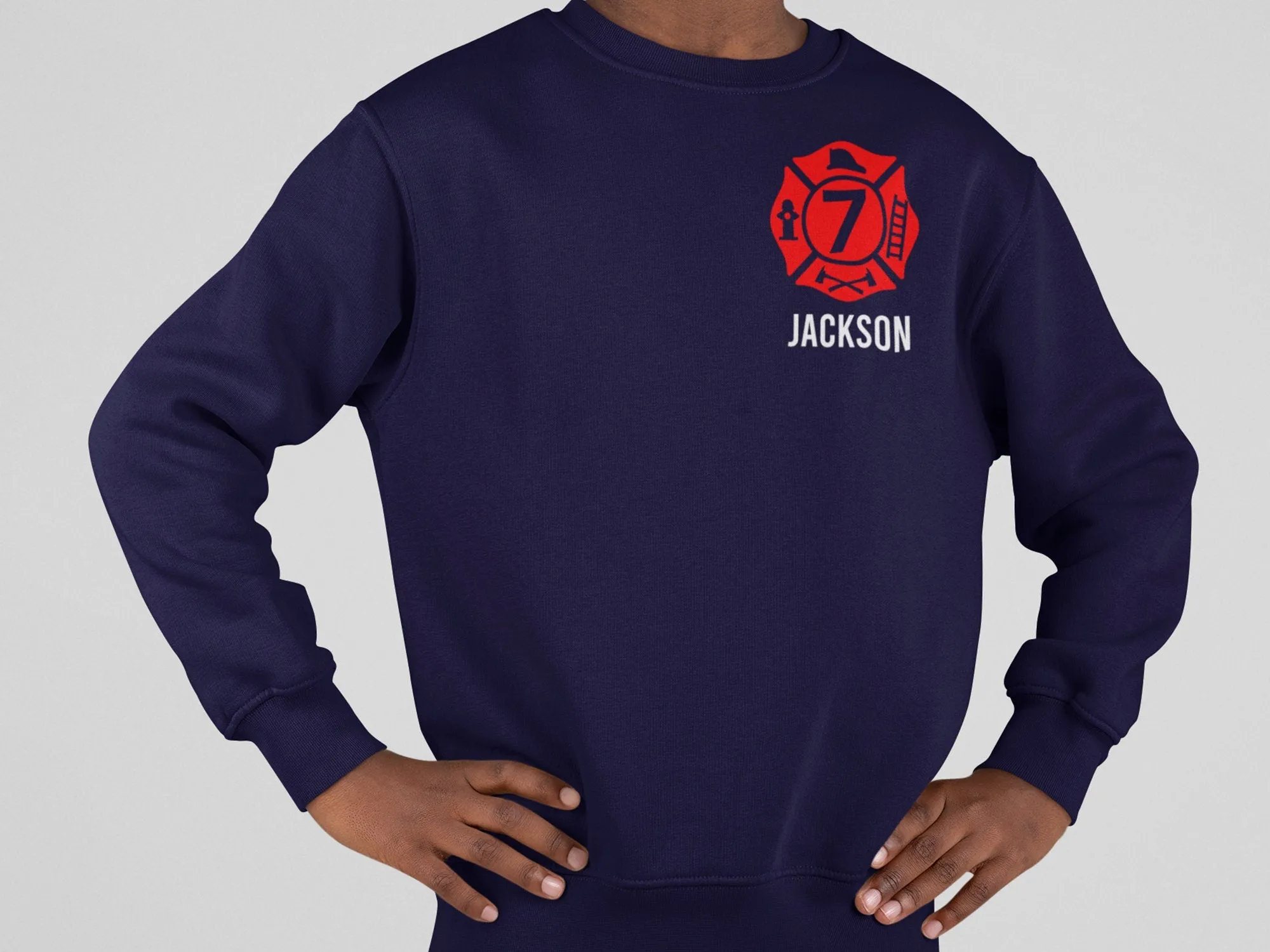 Birthday Firefighter Youth Crew Neck Sweatshirt - Maltese Cross with Age and Personalized Name - Optional Fire Department on Back