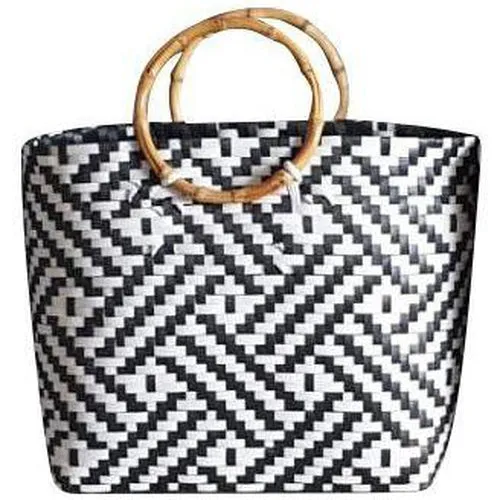 Black and White Handwoven Basket Bag with Round Wooden Handles