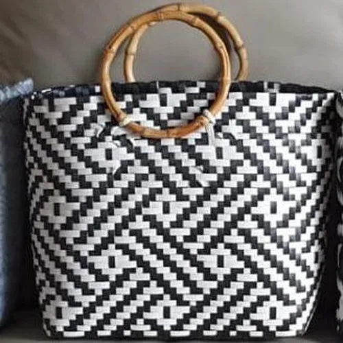 Black and White Handwoven Basket Bag with Round Wooden Handles