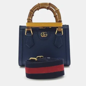 Blue Leather Mini Diana NM Bamboo Top Handle Bag
