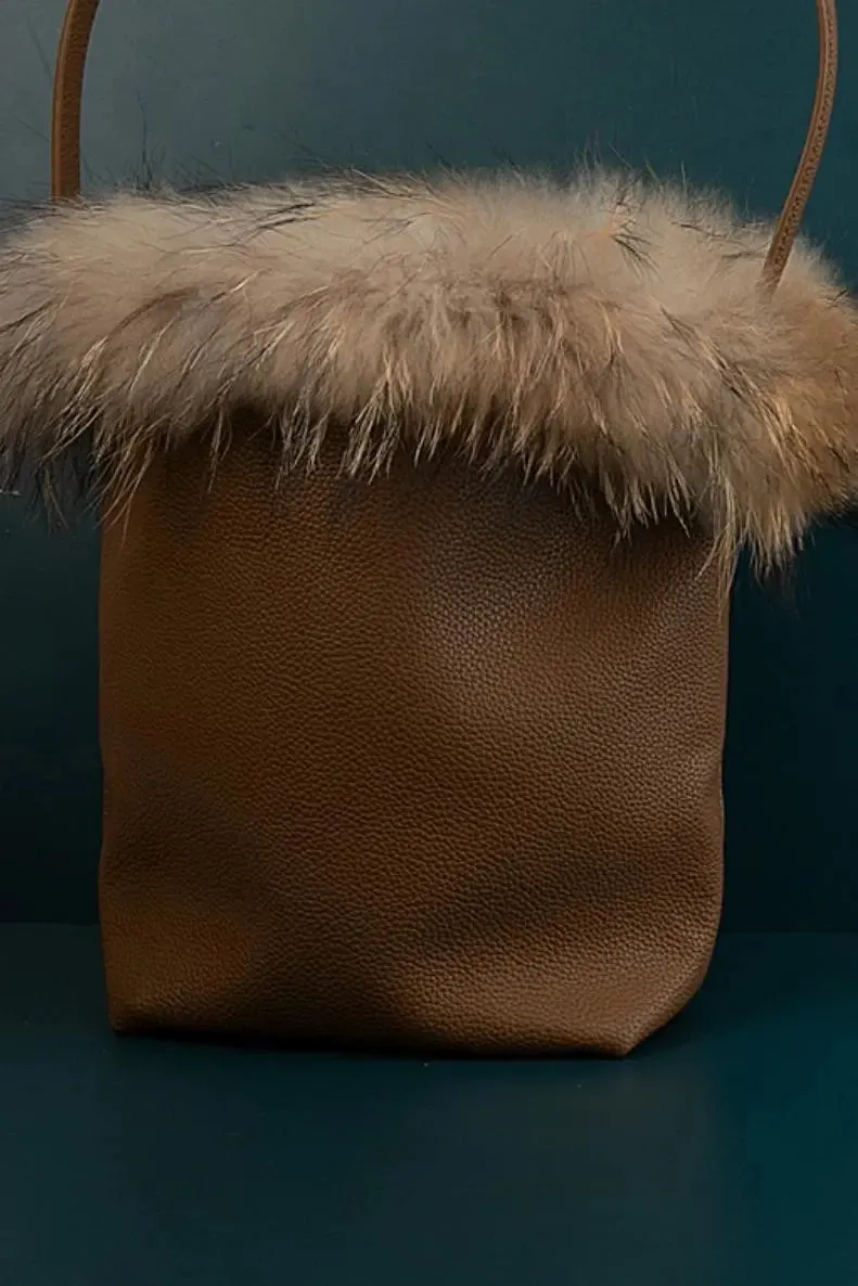 Brown Calfskin Leather Bucket Bag with Furry Brim