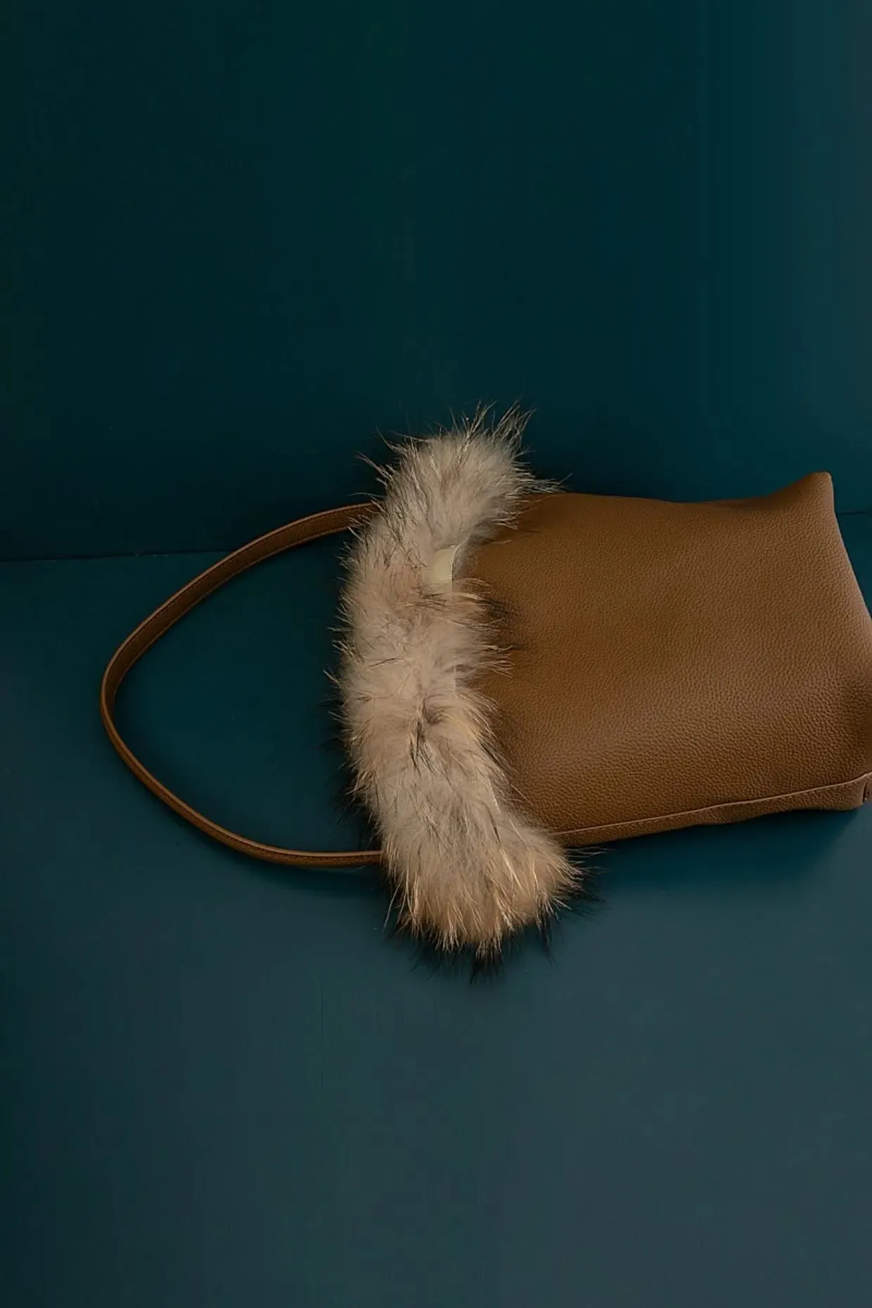 Brown Calfskin Leather Bucket Bag with Furry Brim