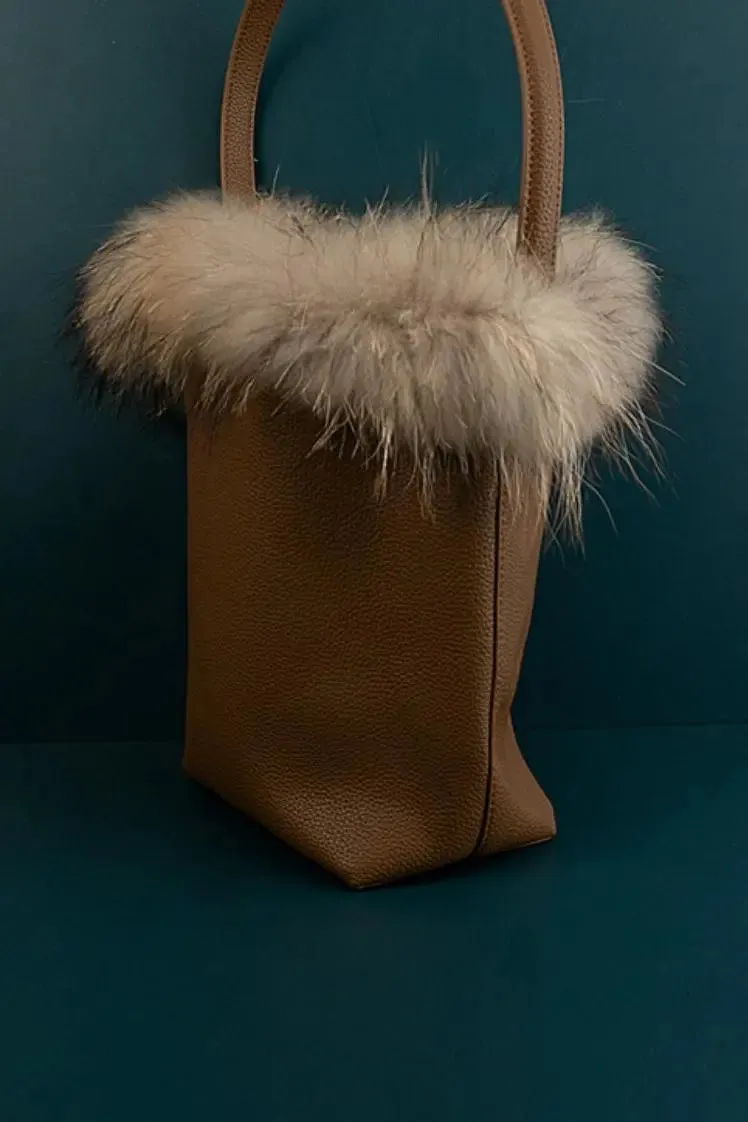 Brown Calfskin Leather Bucket Bag with Furry Brim