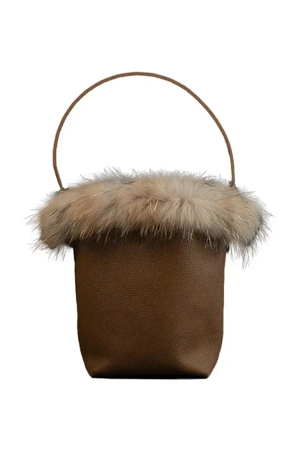 Brown Calfskin Leather Bucket Bag with Furry Brim