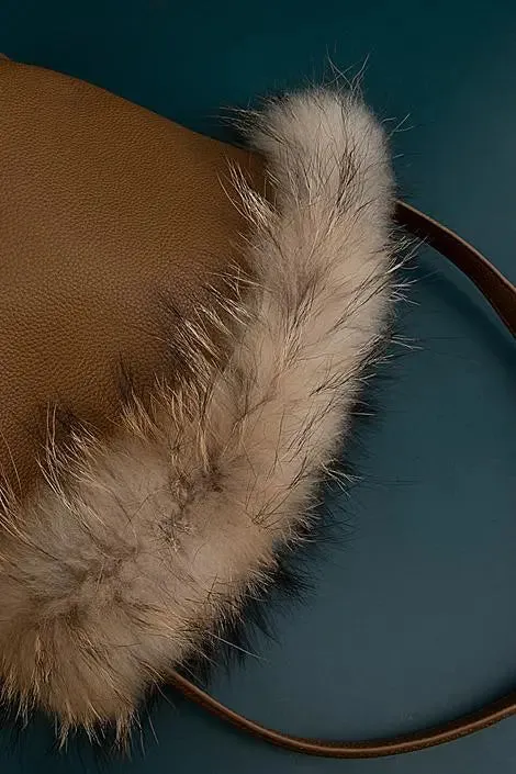 Brown Calfskin Leather Bucket Bag with Furry Brim