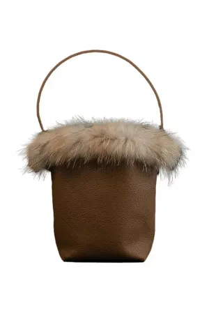 Brown Calfskin Leather Bucket Bag with Furry Brim