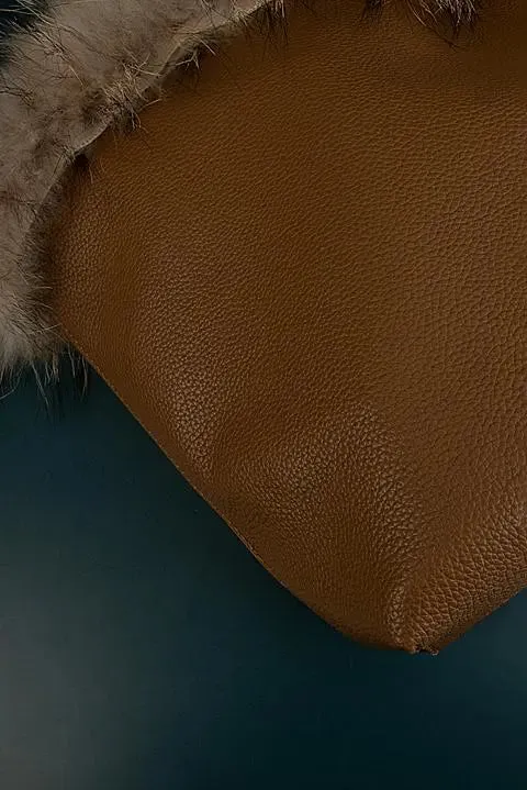Brown Calfskin Leather Bucket Bag with Furry Brim