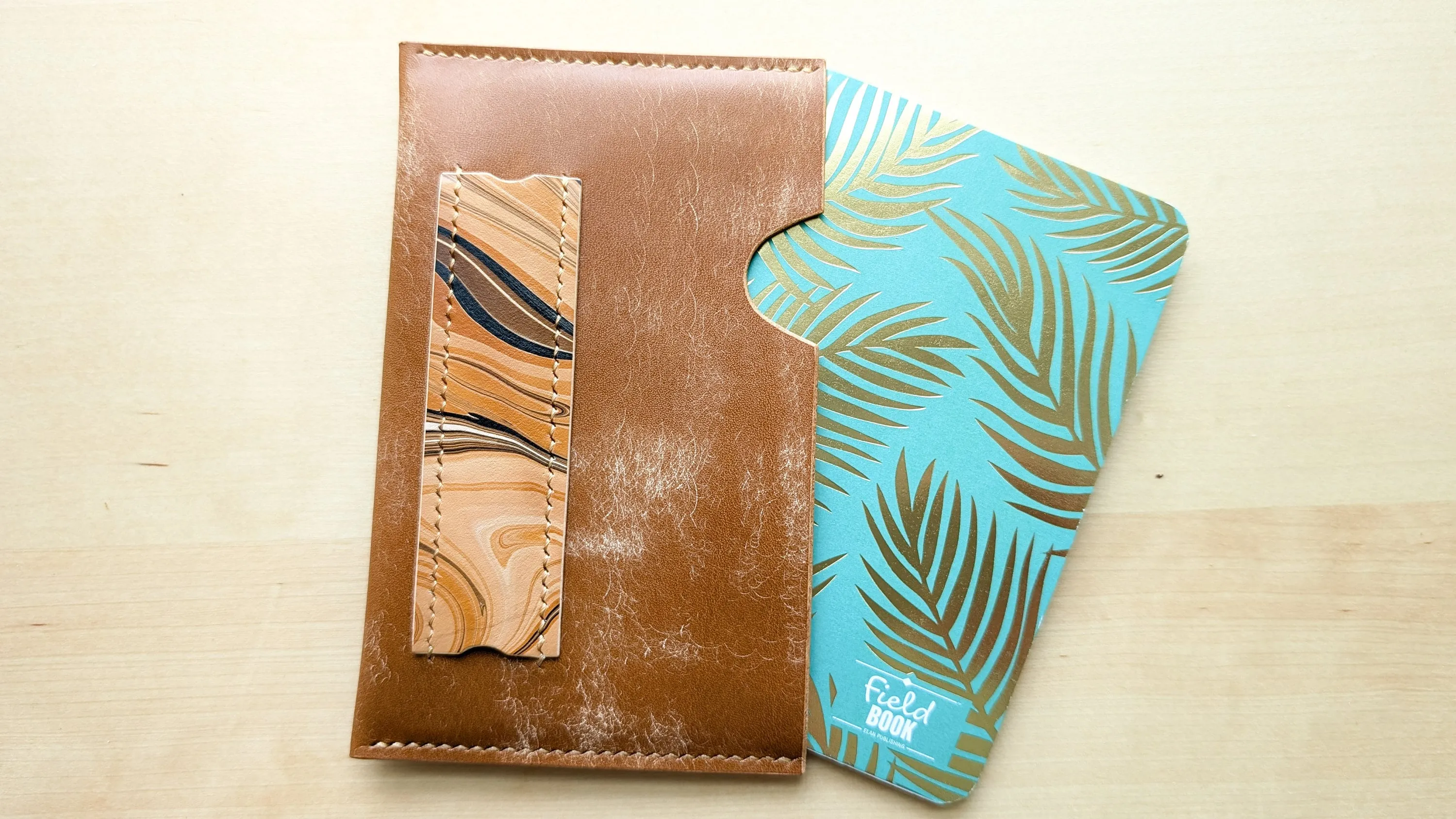 Caramel Italian Leather and Hand Marbled Field Notes or Passport Sleeve