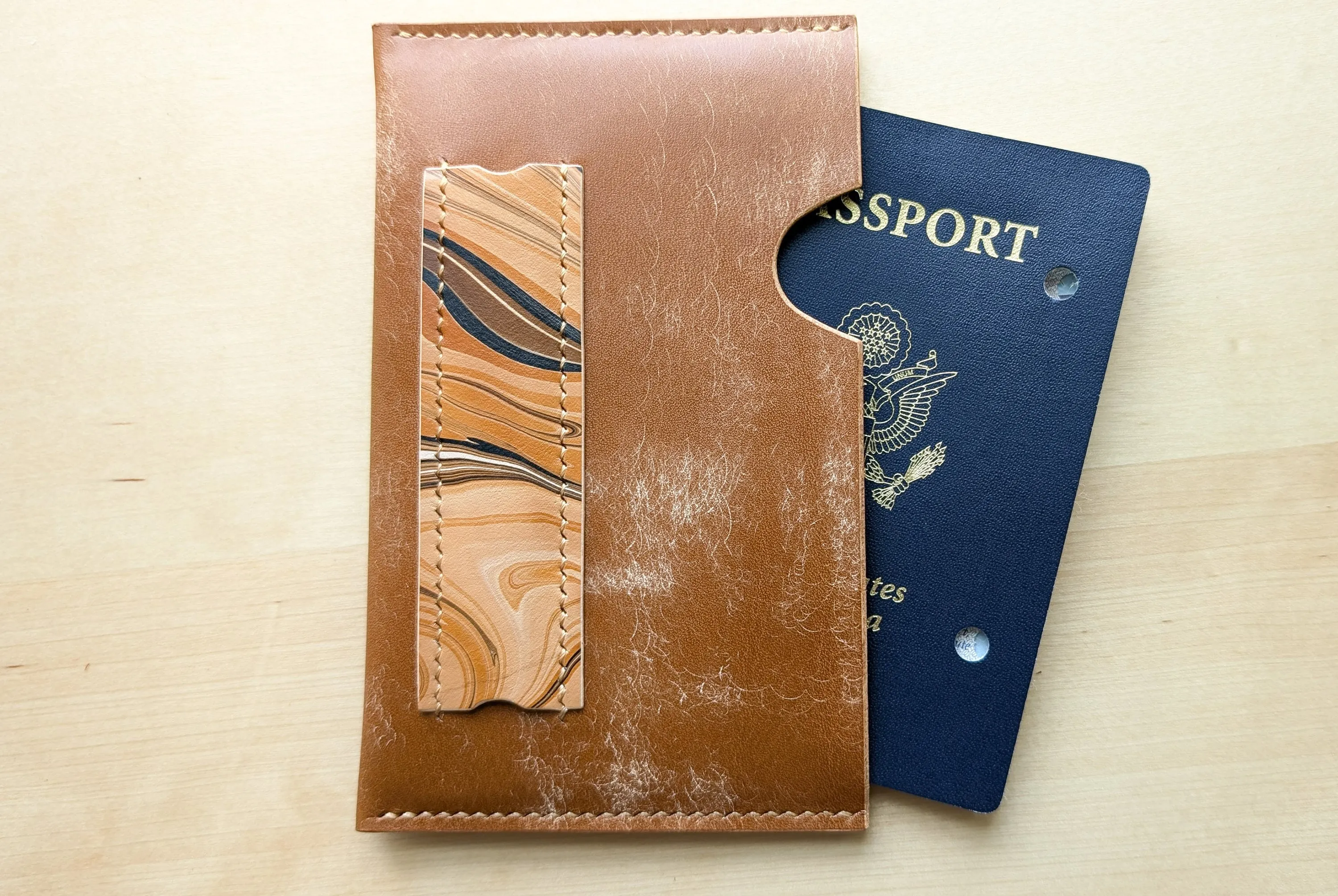 Caramel Italian Leather and Hand Marbled Field Notes or Passport Sleeve