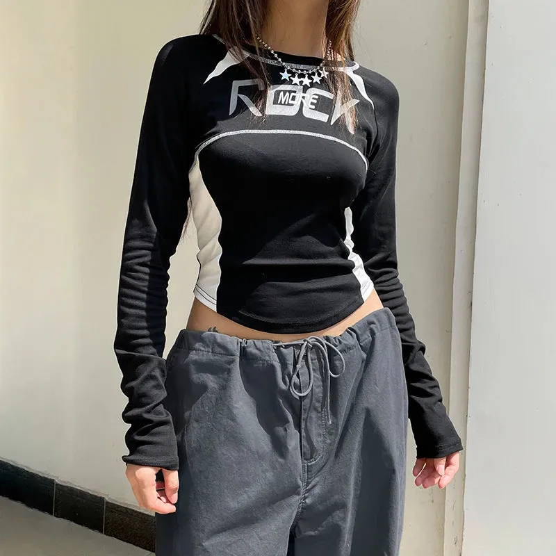 Cotton Harajuku Stitch Women T-shirts Bodycon Letter Print Autumn Tee Shirt Moto&Biker Style Long Sleeve Crop Top