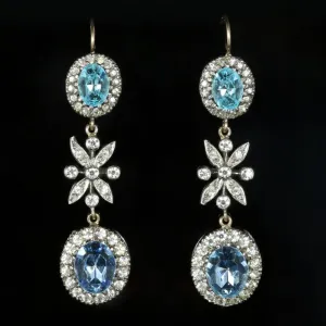 Edwardian Style Blue Paste Drop Earrings Silver Gold Wires