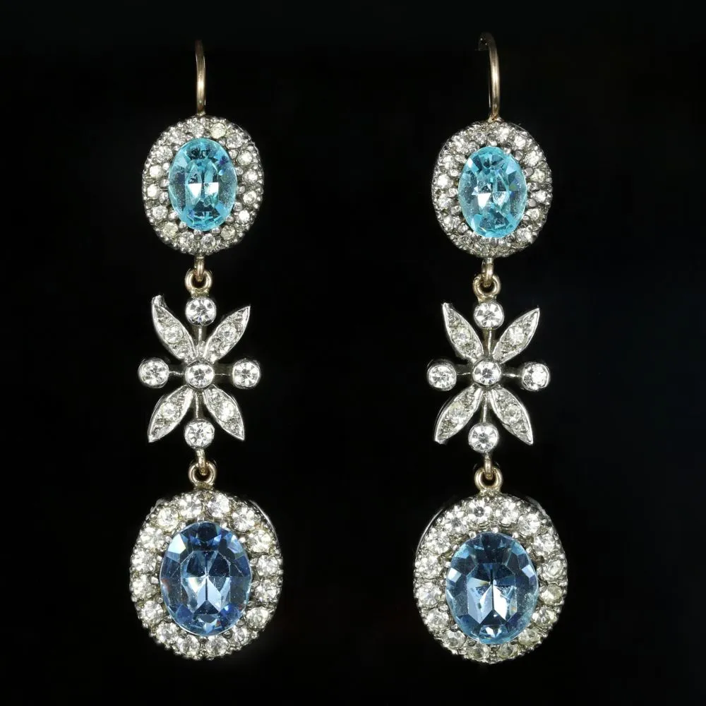 Edwardian Style Blue Paste Drop Earrings Silver Gold Wires