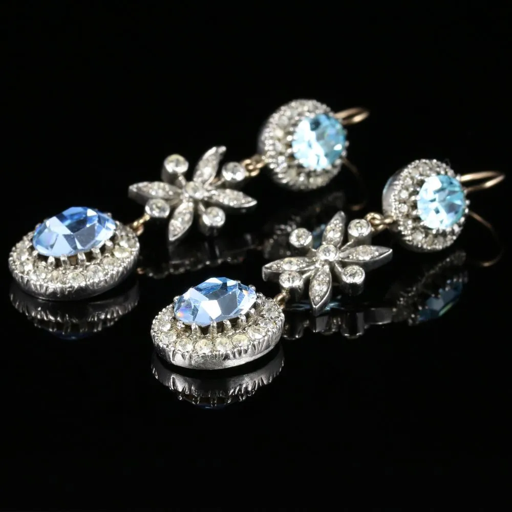 Edwardian Style Blue Paste Drop Earrings Silver Gold Wires