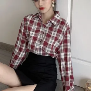 Fashion Plaid Women Shirt Elegant Spring New 2022 Button Up Office Ladies Top Red Long Sleeve Korean All Match Female Shirt
