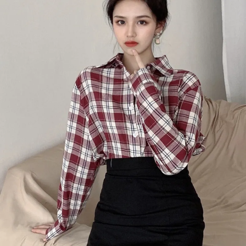 Fashion Plaid Women Shirt Elegant Spring New 2022 Button Up Office Ladies Top Red Long Sleeve Korean All Match Female Shirt