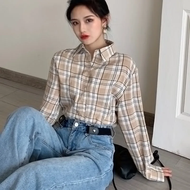 Fashion Plaid Women Shirt Elegant Spring New 2022 Button Up Office Ladies Top Red Long Sleeve Korean All Match Female Shirt