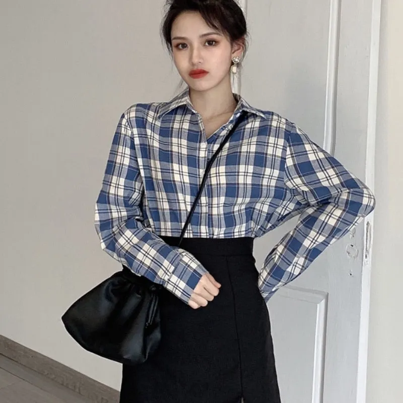 Fashion Plaid Women Shirt Elegant Spring New 2022 Button Up Office Ladies Top Red Long Sleeve Korean All Match Female Shirt