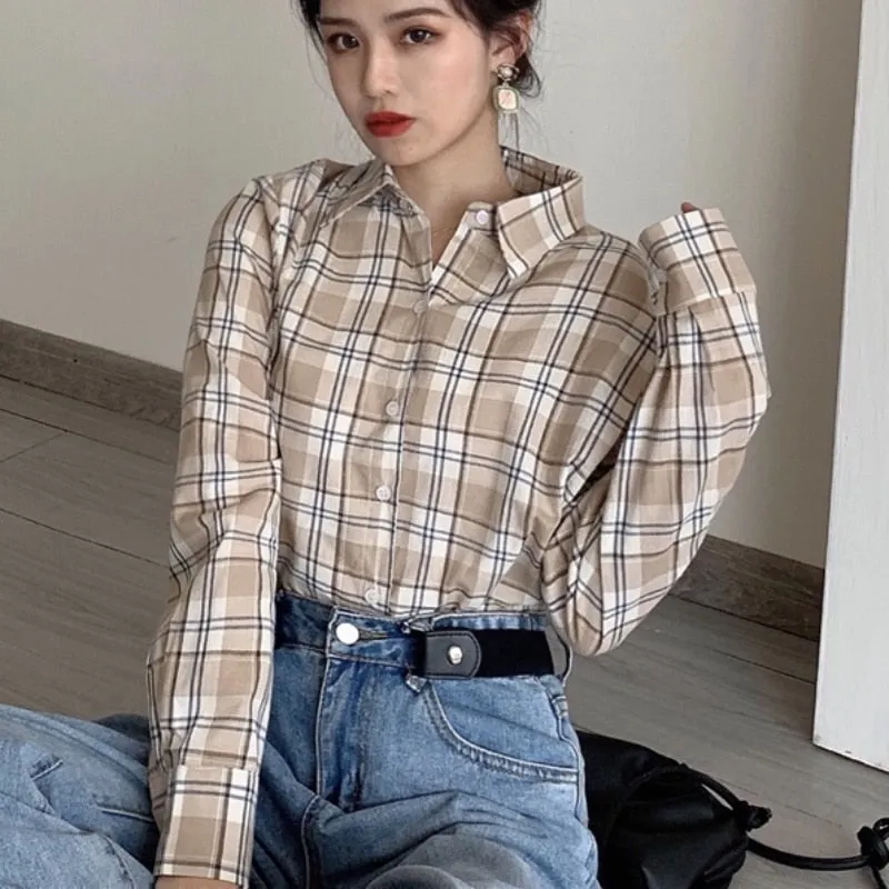 Fashion Plaid Women Shirt Elegant Spring New 2022 Button Up Office Ladies Top Red Long Sleeve Korean All Match Female Shirt