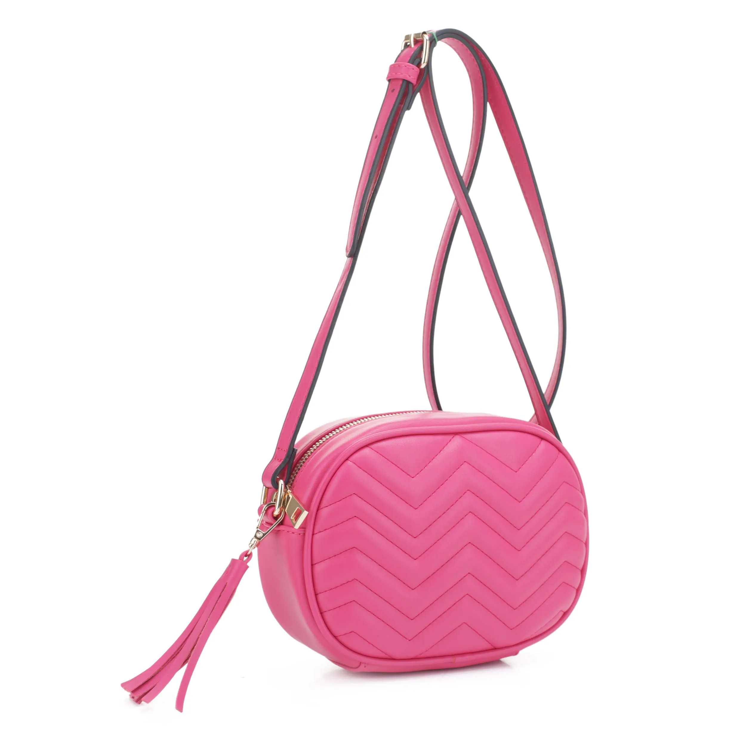 FC20403 Chevron Quilted Camera Crossbody Bag with Tassel Fringe Zipper