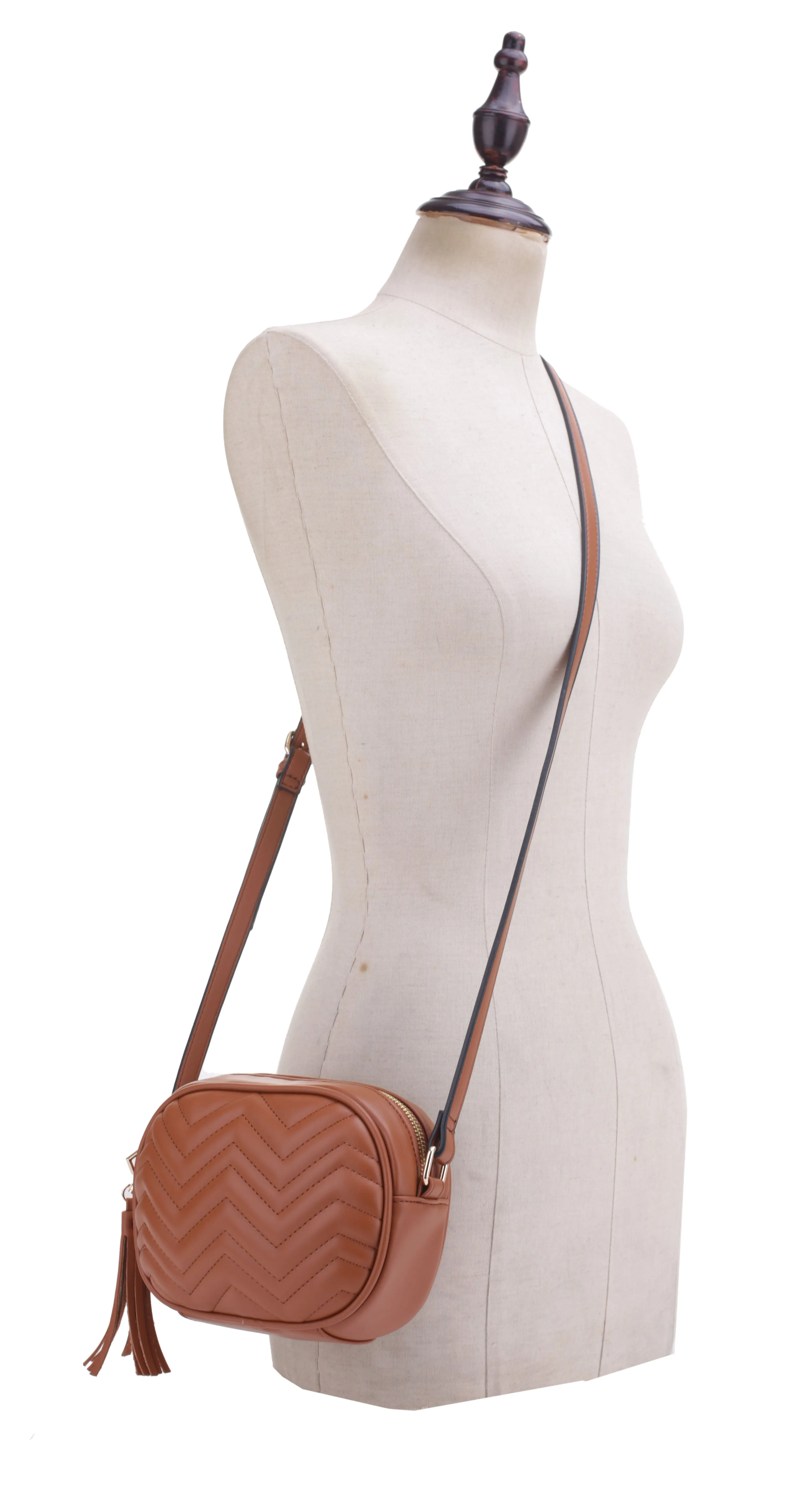 FC20403 Chevron Quilted Camera Crossbody Bag with Tassel Fringe Zipper