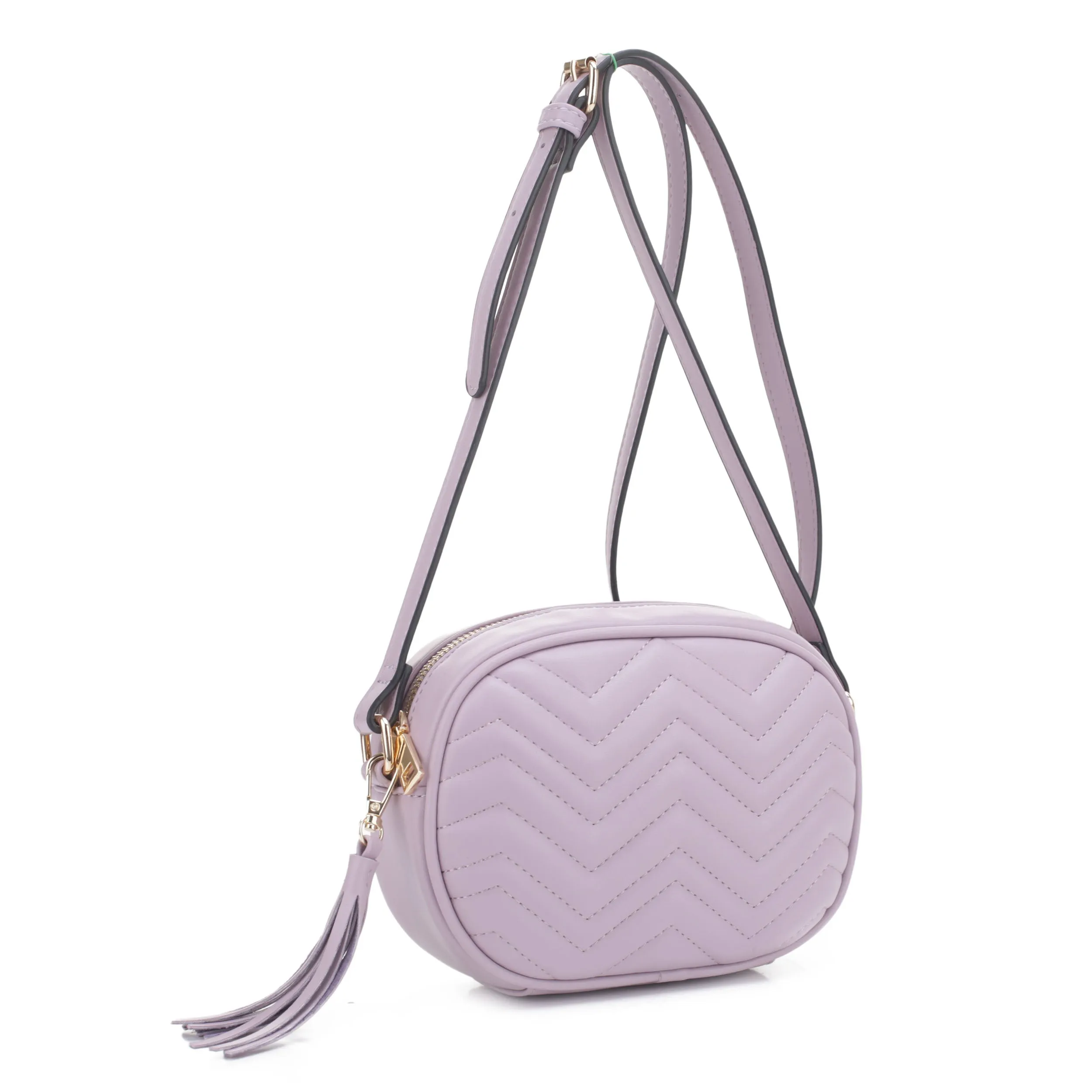 FC20403 Chevron Quilted Camera Crossbody Bag with Tassel Fringe Zipper