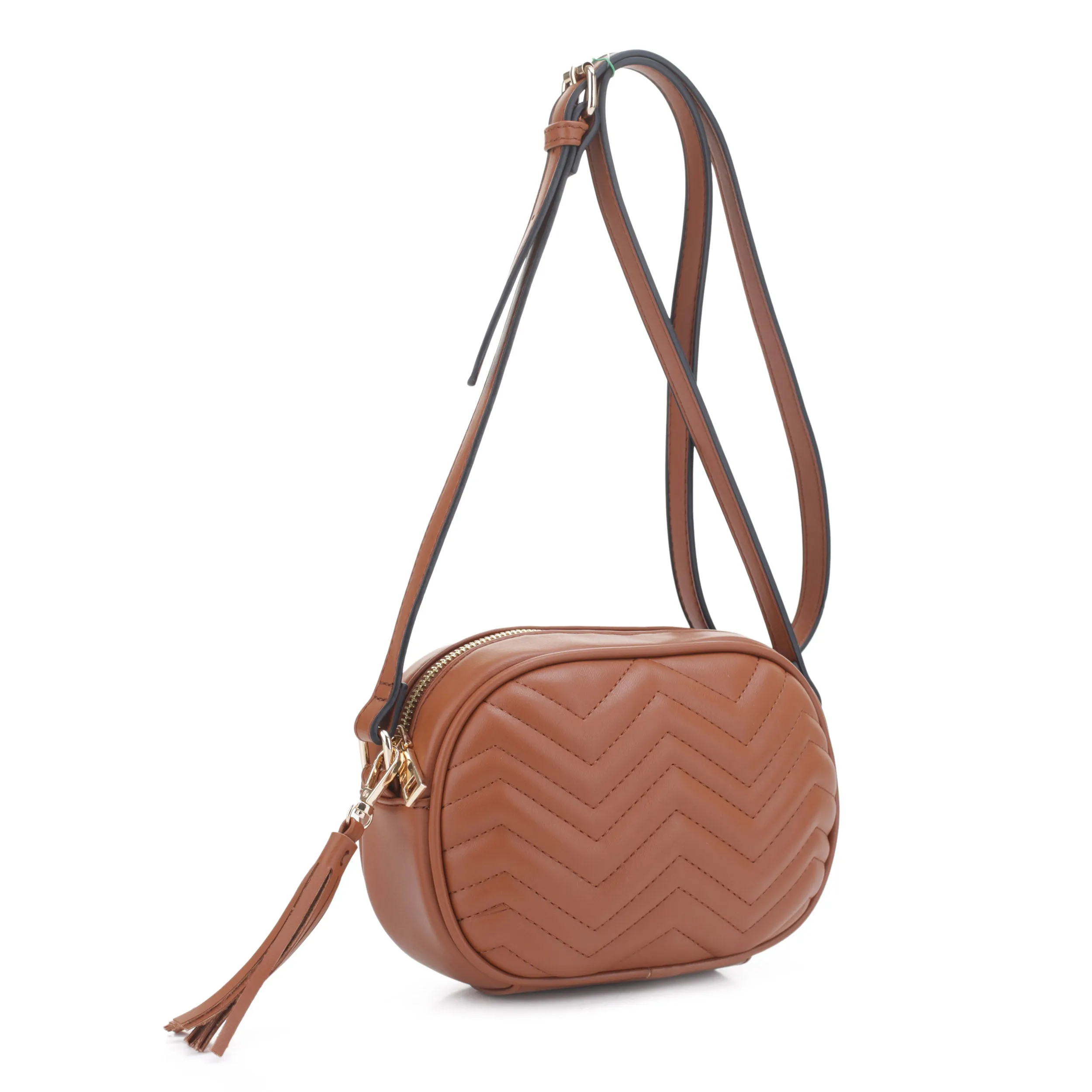 FC20403 Chevron Quilted Camera Crossbody Bag with Tassel Fringe Zipper