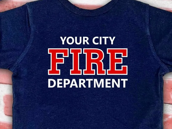 Firefighter Navy Infant Long Sleeve Bodysuit with Maltese Cross and Personalized Name - Optional Fire Department on Back