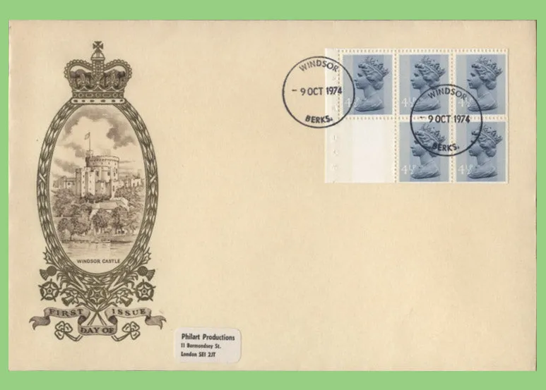 G.B. 1974 45p booklet pane ( 5 x 4½p  L) Philart First Day Cover, Windsor. SCARCE