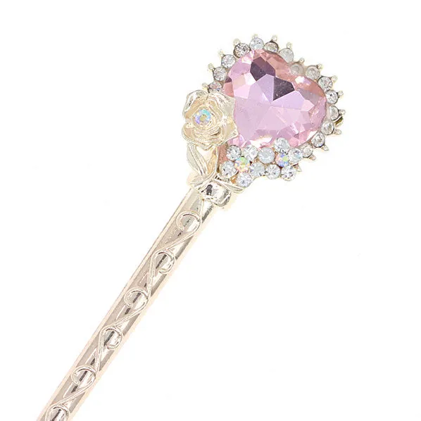Gold Finish Rhinestone Heart Hair Stick