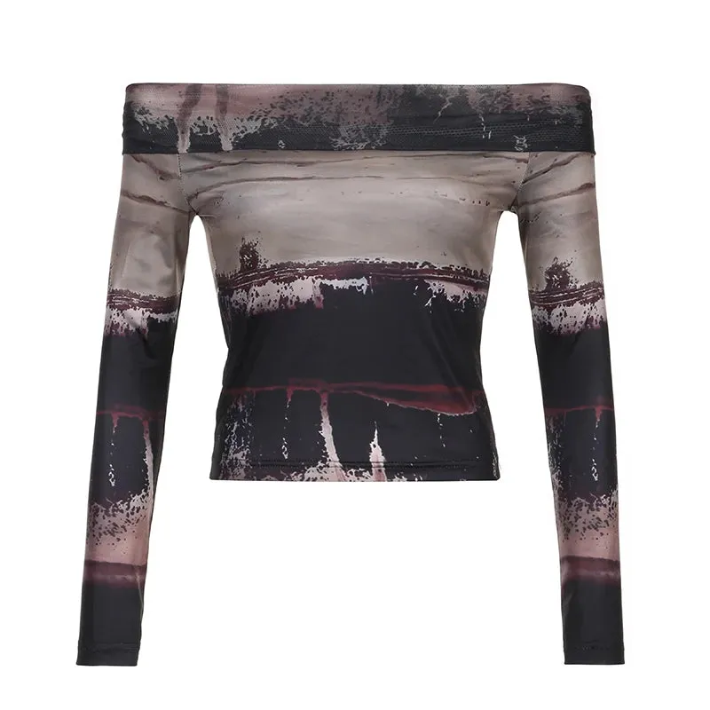 Grunge Slash Neck Tie Dye Sexy Women Tshirts Y2K Aesthetic Vintage Party Crop Top Off Shoulder Mesh Tee Outfits Chic