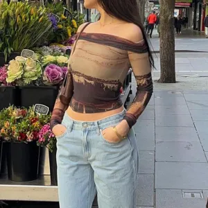 Grunge Slash Neck Tie Dye Sexy Women Tshirts Y2K Aesthetic Vintage Party Crop Top Off Shoulder Mesh Tee Outfits Chic