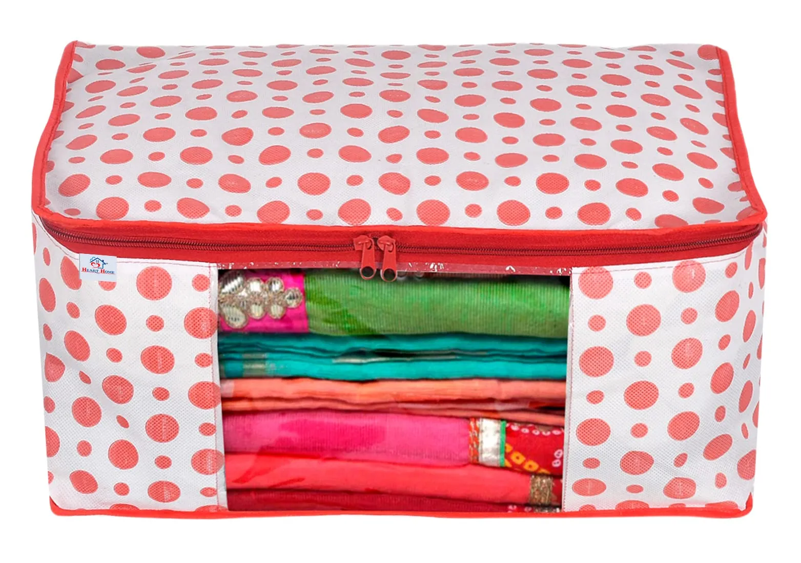Heart Home Dot Printed Non-Woven Saree Cover, Cloth Organizer, Wardrobe Organiser With Tranasparent Window- Pack of 10 (Pink)-46HH0488