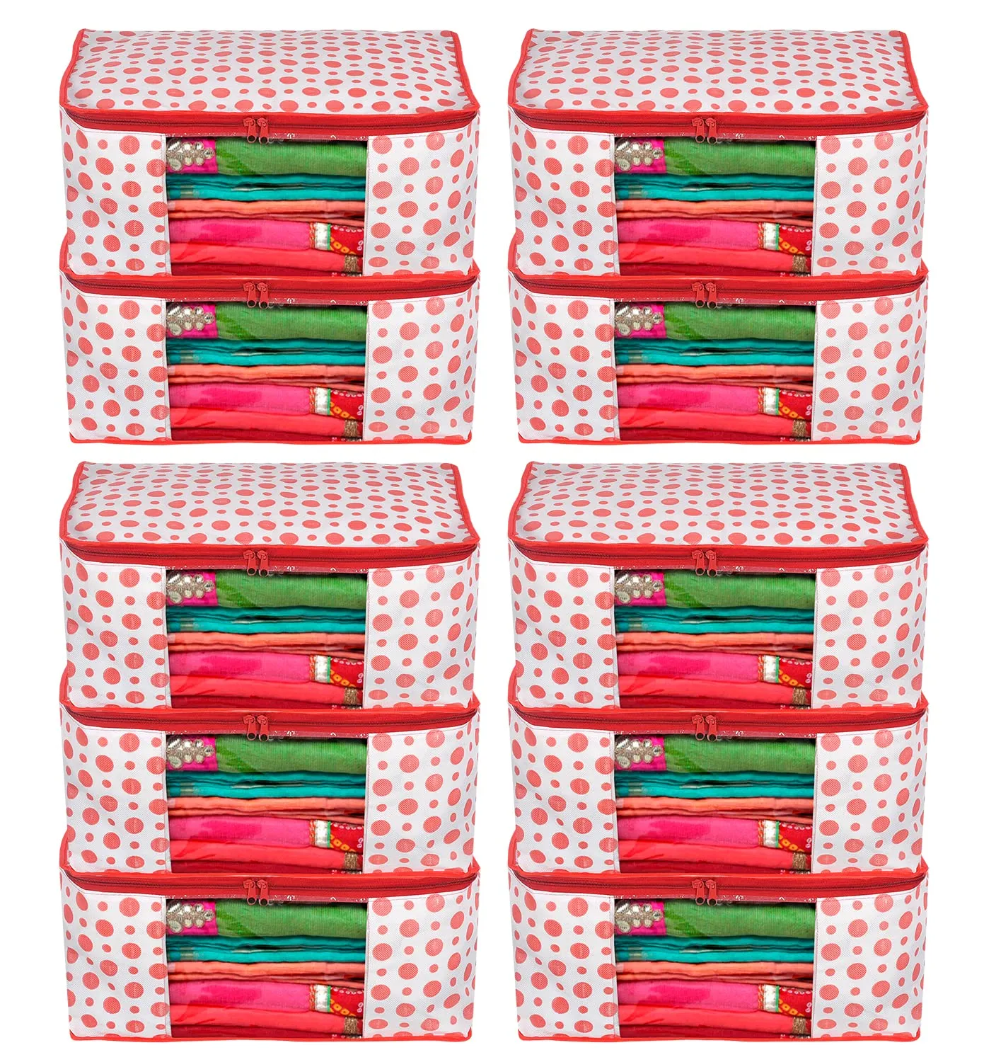 Heart Home Dot Printed Non-Woven Saree Cover, Cloth Organizer, Wardrobe Organiser With Tranasparent Window- Pack of 10 (Pink)-46HH0488