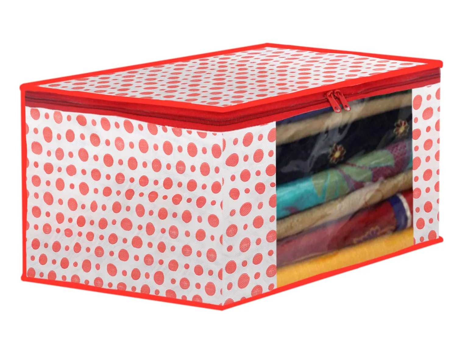 Heart Home Dot Printed Non-Woven Saree Cover, Cloth Organizer, Wardrobe Organiser With Tranasparent Window- Pack of 10 (Pink)-46HH0488