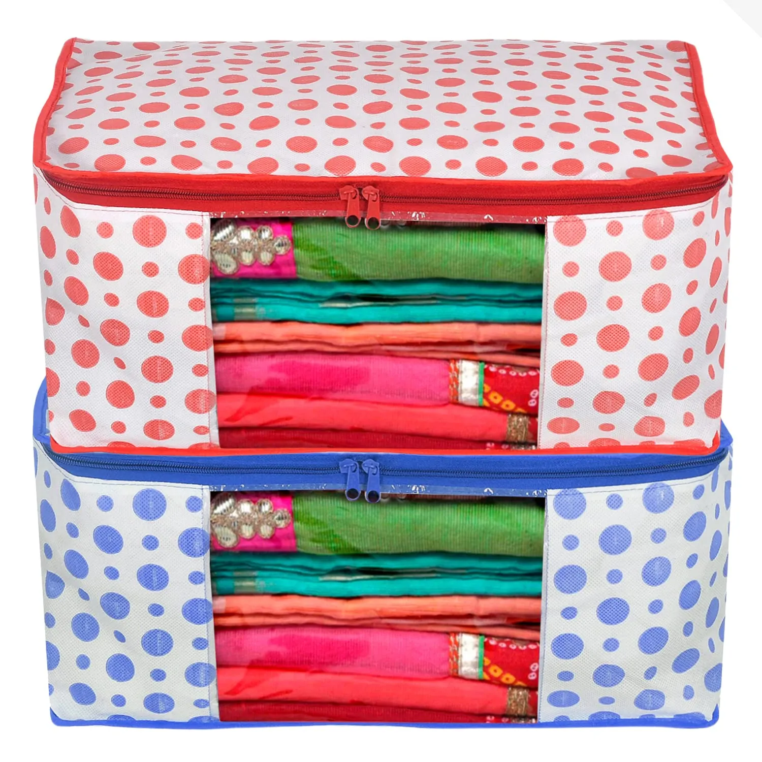 Heart Home Dot Printed Non-Woven Saree Cover, Cloth Organizer, Wardrobe Organiser With Tranasparent Window- Pack of 2 (Blue & Pink)-46HH0506