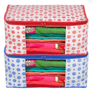 Heart Home Dot Printed Non-Woven Saree Cover, Cloth Organizer, Wardrobe Organiser With Tranasparent Window- Pack of 2 (Blue & Pink)-46HH0506
