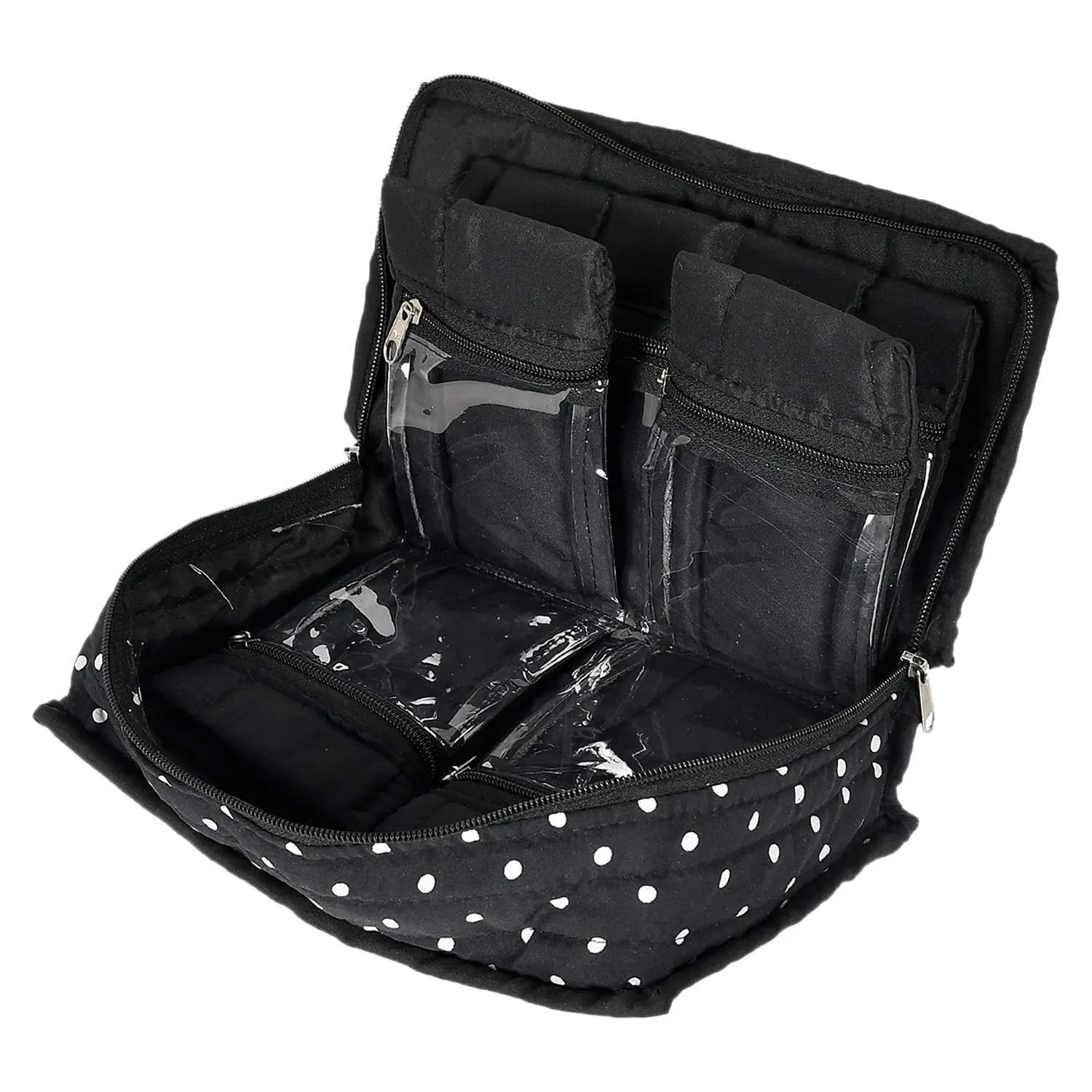 Heart Home Dot Printed Portable Cotton Jewellery Organizer/Case/Bag With 6 Transparent Pockets- Pack of 2 (Black)-50HH01204