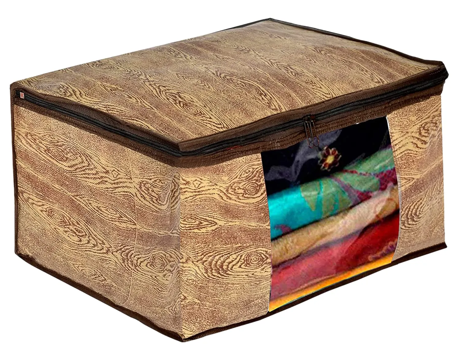 Heart Home Wooden Design Non-Woven Foldable Saree Cover/Clothes Storage Bag/Wardrobe Organizer With Transparent Window- Pack of 6 (Brown)-44HH0387