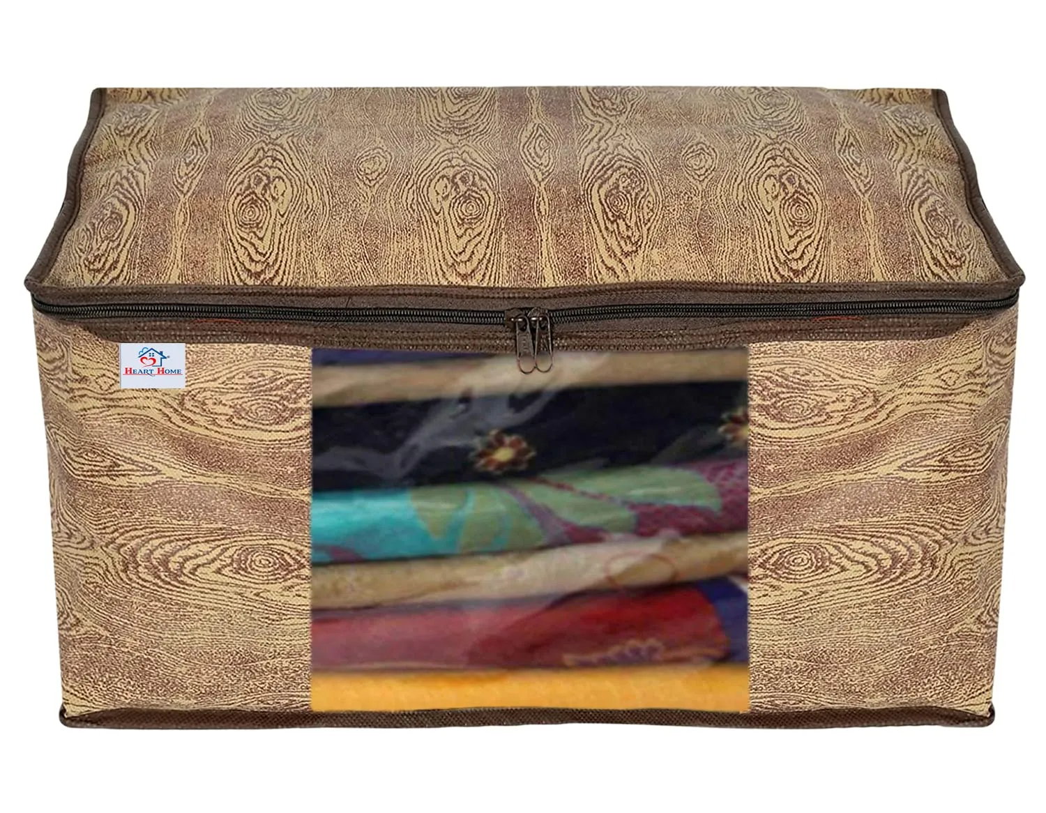 Heart Home Wooden Design Non-Woven Foldable Saree Cover/Clothes Storage Bag/Wardrobe Organizer With Transparent Window- Pack of 6 (Brown)-44HH0387
