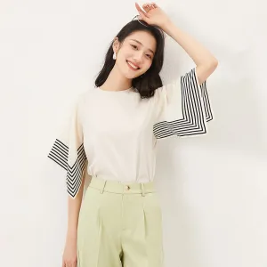 Hit Color Striped T Shirts For Women Round Neck Short Sleeve Loose Summer Pullover T Shirt Female Fashion
