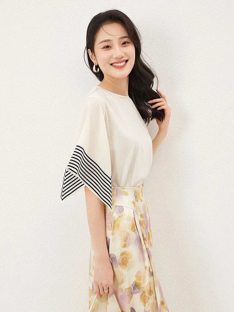 Hit Color Striped T Shirts For Women Round Neck Short Sleeve Loose Summer Pullover T Shirt Female Fashion