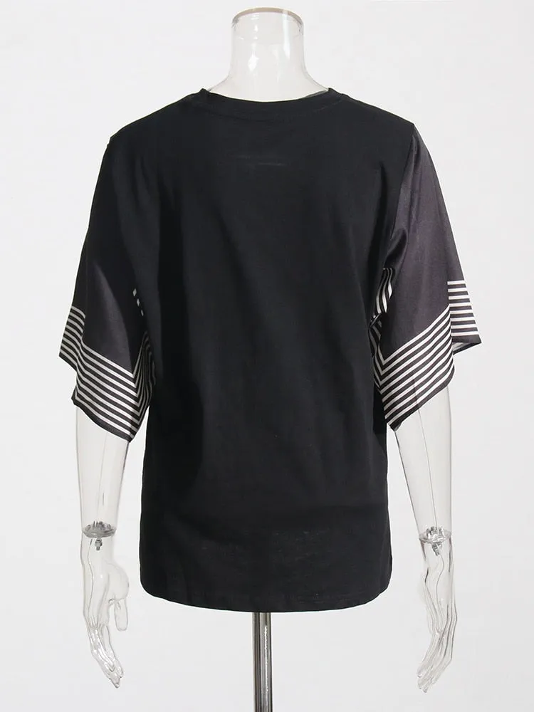 Hit Color Striped T Shirts For Women Round Neck Short Sleeve Loose Summer Pullover T Shirt Female Fashion