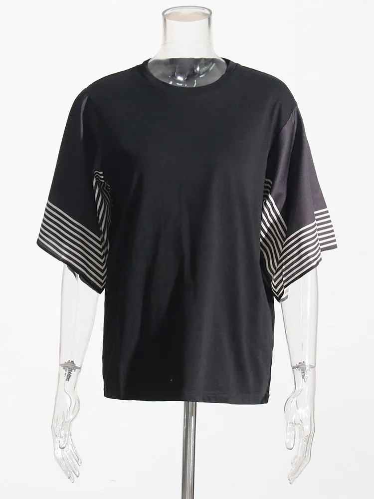 Hit Color Striped T Shirts For Women Round Neck Short Sleeve Loose Summer Pullover T Shirt Female Fashion