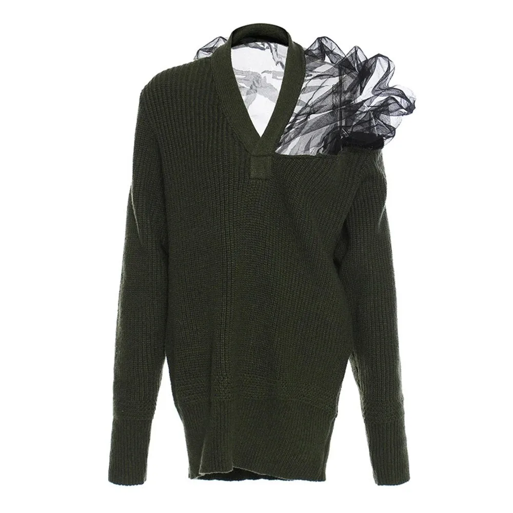 Knitting Sweater For Women V Neck Long Sleeve Solid Patchwork Mesh Autumn Sweaters Female Fashion Clothing